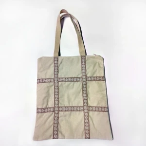 Сумка-шоппер бежевая с тесьмой «Ржаной колос» в русском стиле на молнии